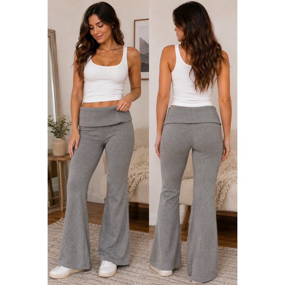 Kimberly C Knit Flare Pants Small Gray Fold Over Waist Bell Bottom Lounge Y2K‎